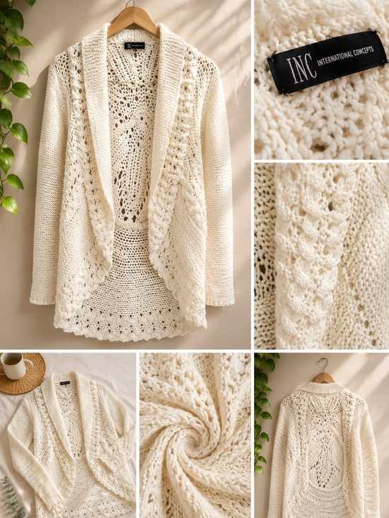 INC International Concepts Sweaters - INC International Concepts Cream Crochet Open-Front Cardigan